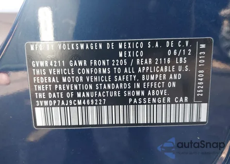 2012 Volkswagen Jetta 2.5L Se из США, поврежденный, VIN 3VWDP7AJ9CM469227